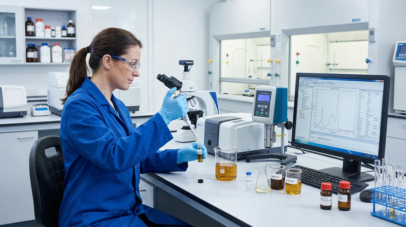 Profissional em laboratório realizando análise das partículas presentes em óleo industrial.