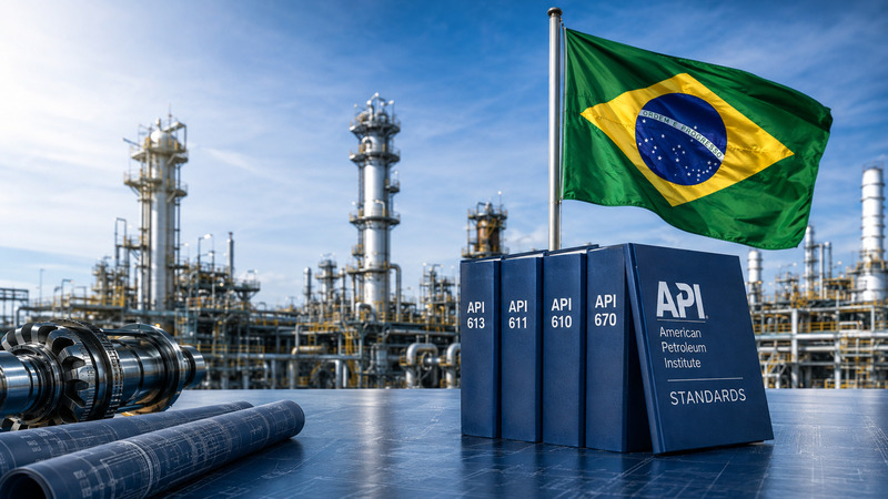 Bandeira do Brasil e refer&ecirc;ncias visuais &agrave;s normas API diante de planta industrial com equipamentos rotativos e ambiente de &oacute;leo e g&aacute;s.