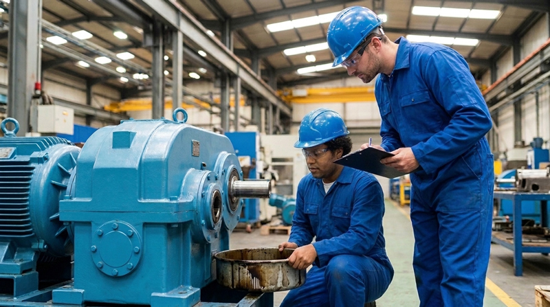 Profissionais realizando coleta de óleo em redutor de velocidade industrial.