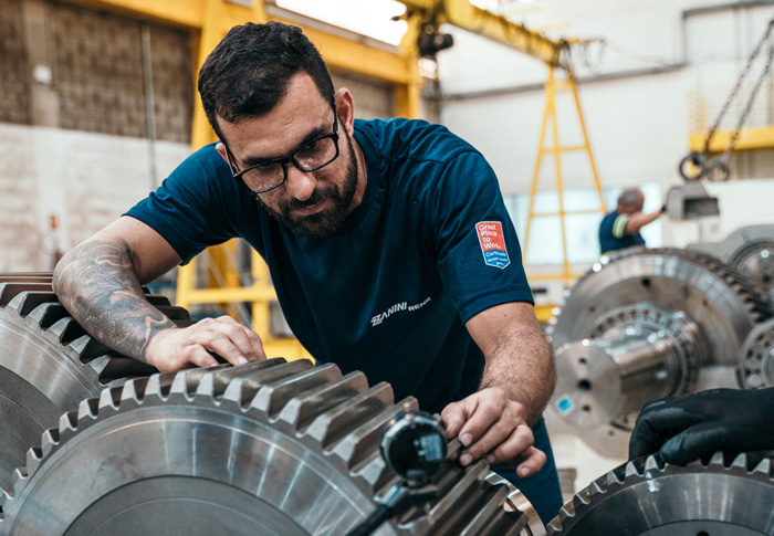 Profissional Zanini Renk executando manutenção em redutor de velocidade.