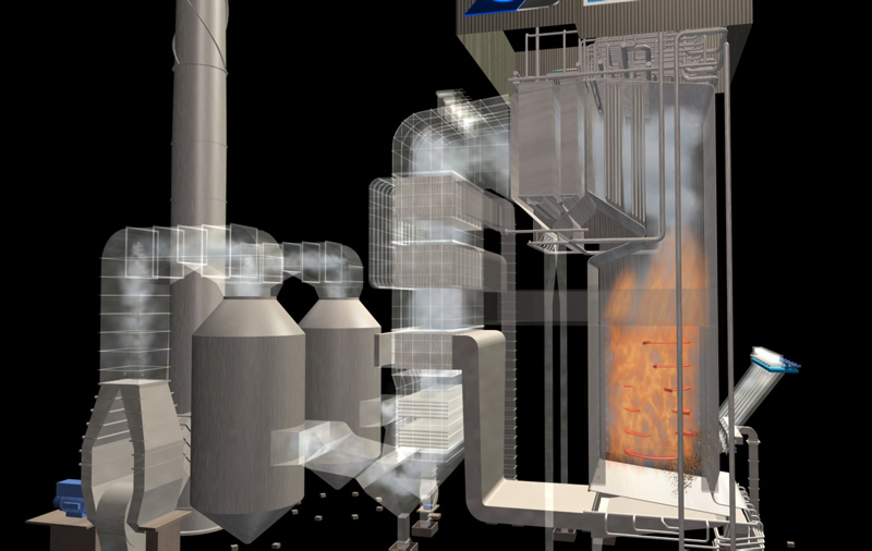 Representa&ccedil;&atilde;o t&eacute;cnica de caldeira industrial com sistema de superaquecedor integrado, mostrando o percurso dos gases quentes e o aquecimento do vapor para ganho de efici&ecirc;ncia t&eacute;rmica.