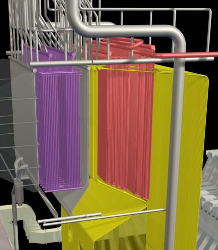 Modelo 3D de superaquecedor de caldeira com feixes tubulares destacados, respons&aacute;vel por elevar a temperatura do vapor antes do envio &agrave; turbina.