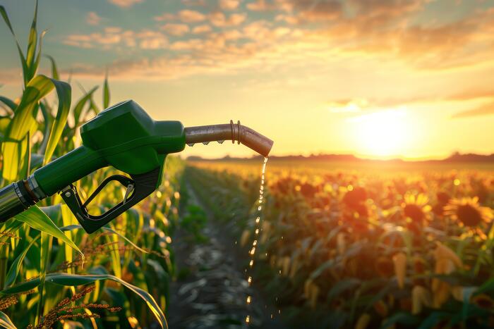 Bico de combust&iacute;vel com planta&ccedil;&atilde;o agr&iacute;cola ao fundo durante o p&ocirc;r do sol, ilustrando a cadeia produtiva do etanol de milho, como &eacute; feito o etanol de milho e a rela&ccedil;&atilde;o entre agricultura, usina de etanol de milho e produ&ccedil;&atilde;o de biocombust&iacute;vel no Brasil.